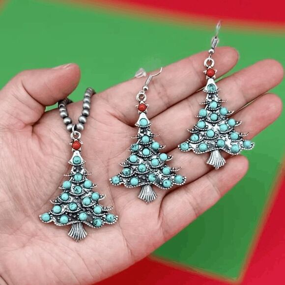 Turquoise Christmas Tree Beaded Necklace and Earring Set - Picture 5 of 5